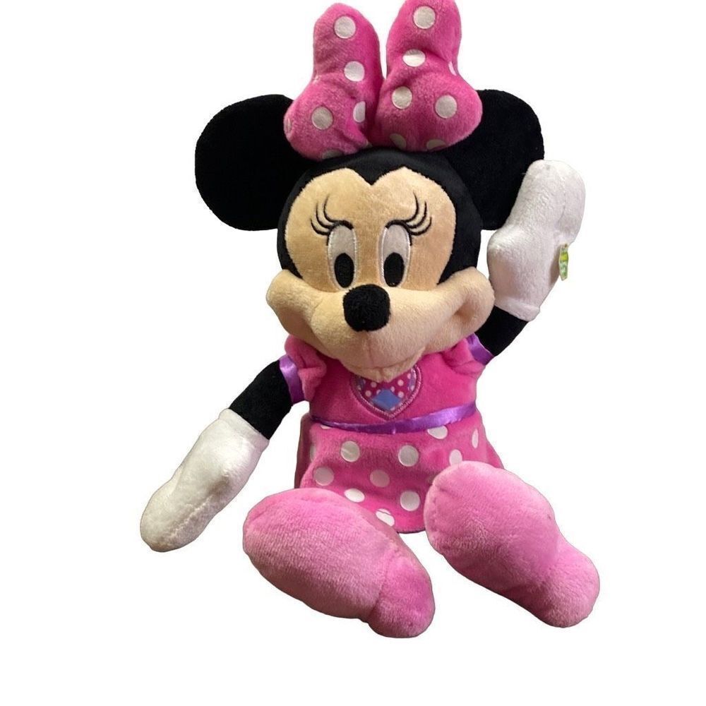 Disney Plush 14” Talking Singing Minnie Mouse Pink and White Polka Dots With Bow